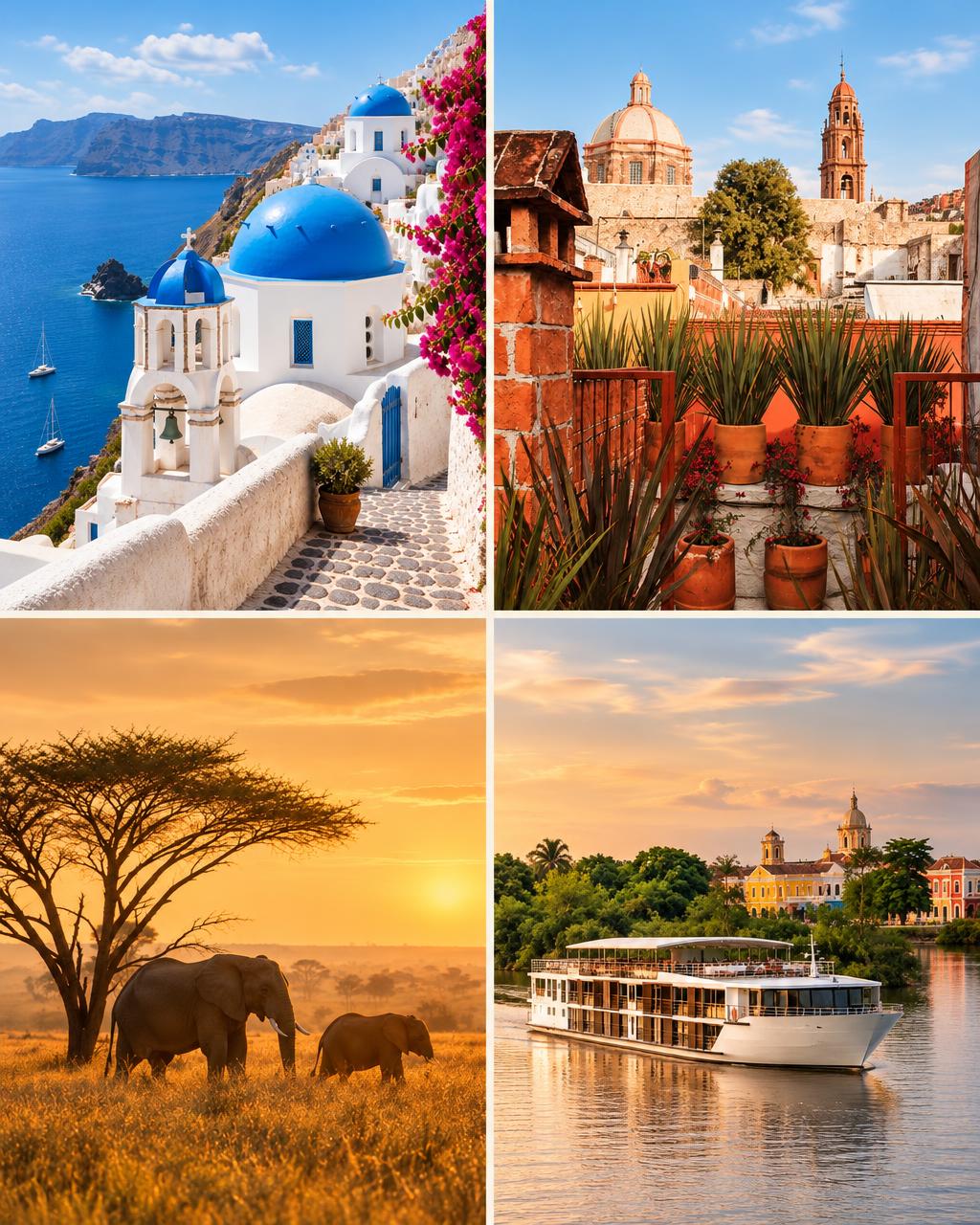 Four-photo collage of Santorini, San Miguel de Allende, a South African safari, and a Colombia river cruise